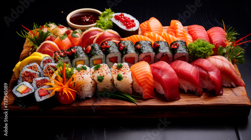 An assorted sushi platter against a black backdrop features vibrant fish atop rice, adorned with roe and sesame, alongside wasabi and ginger, showcasing culinary artistry.