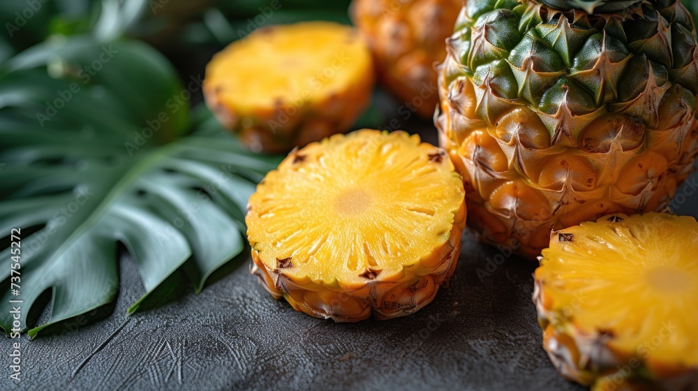 a group of pineapples sitting on top of a table next to a green leaf and a pineapple. a group of pineapples sitting on top of a table next to a green leaf and a pineapple.