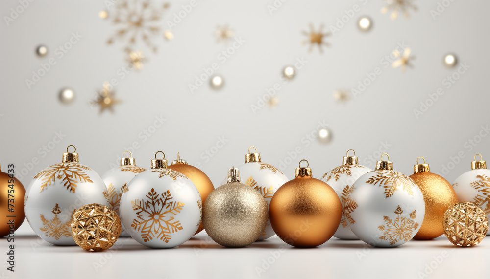 Shiny gold Christmas ornaments decorate the vibrant winter background generated by AI Shiny gold Christmas ornaments decorate the vibrant winter background generated by AI