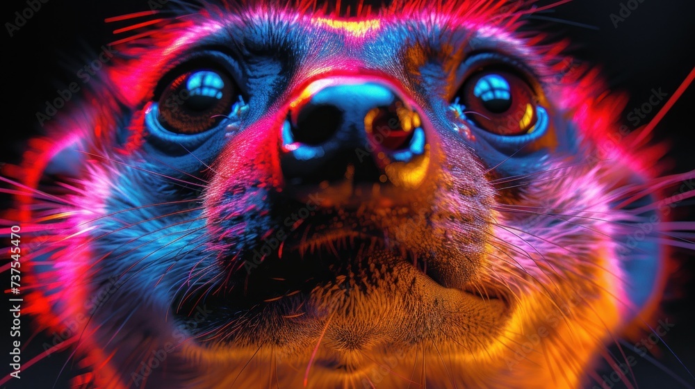 a close up of a dog's face with bright colored lights on it's face and a black background. a close up of a dog's face with bright colored lights on it's face and a black background.