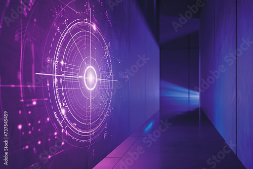 A wall decal of a digital compass, with glowing directions and coordinates, on a royal purple wall. photo