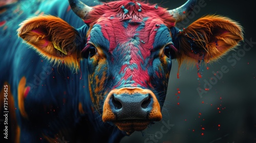 a close up of a cow's face with colored paint splattered all over it's face.