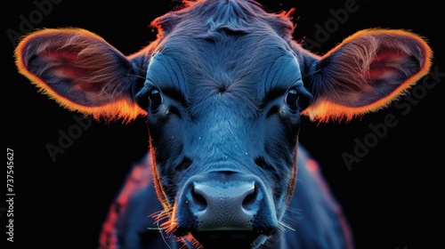 a close up of a cow's face with a bright red light on it's ear and a black background. © Shanti