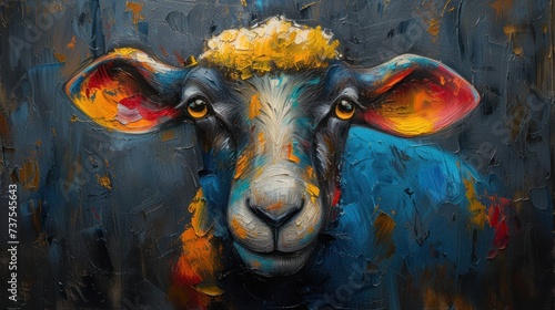 a painting of a sheep's face painted with acrylic paint on a piece of plexed paper.
