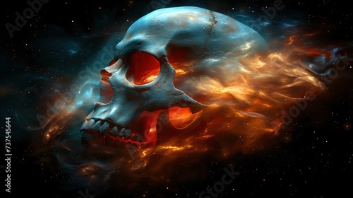 a picture of a skull in the middle of a space filled with fire and smoke, with a black background.