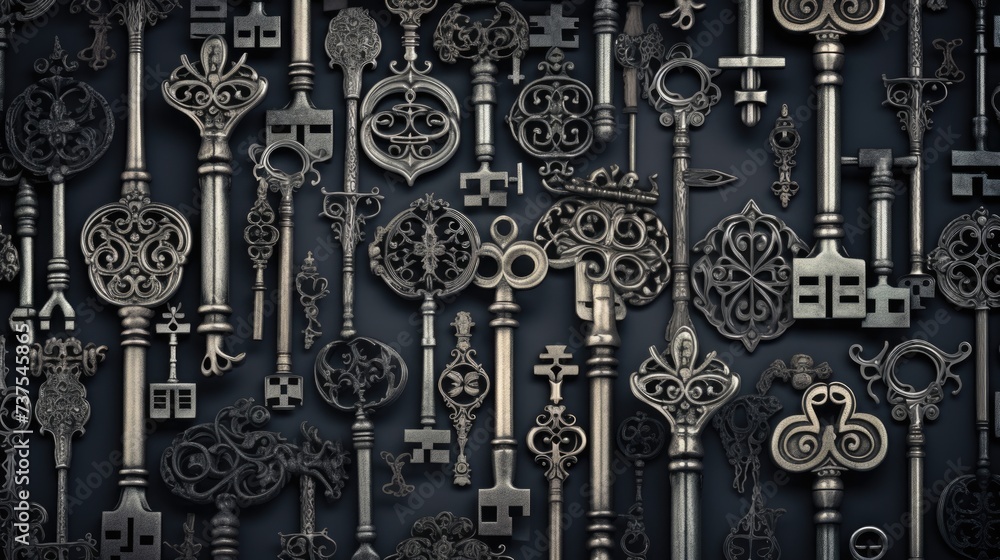 Background with antique old keys in Silver color. Background with antique old keys in Silver color.