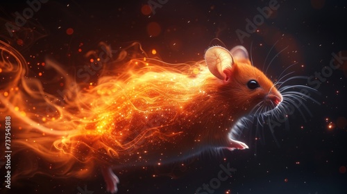 a rat is flying through the air with a lot of fire coming out of it's back and it's head in the air.