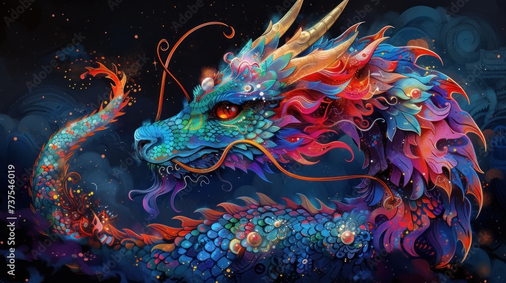 a painting of a colorful dragon on a black background with a blue sky in the back ground and stars in the back ground.