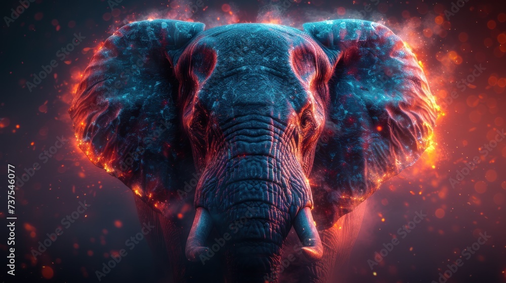 a close up of an elephant's face with a red and blue light coming out of it's trunk.