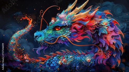 a painting of a colorful dragon on a black background with a blue sky in the back ground and stars in the back ground. © Shanti