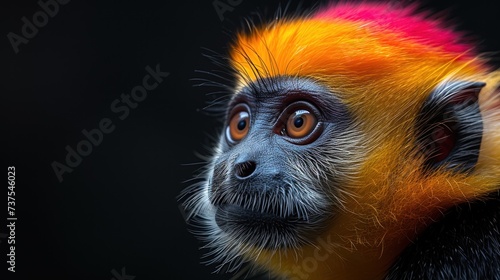 a close up of a monkey's face with a bright orange and yellow hair on it's head.