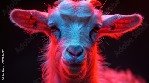 a close up of a sheep's face with a red light on it's head and a black background.