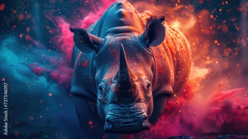 a rhinoceros standing in the middle of a field of red and blue smoke and dust, with a black rhinoceros's head in the foreground. photo