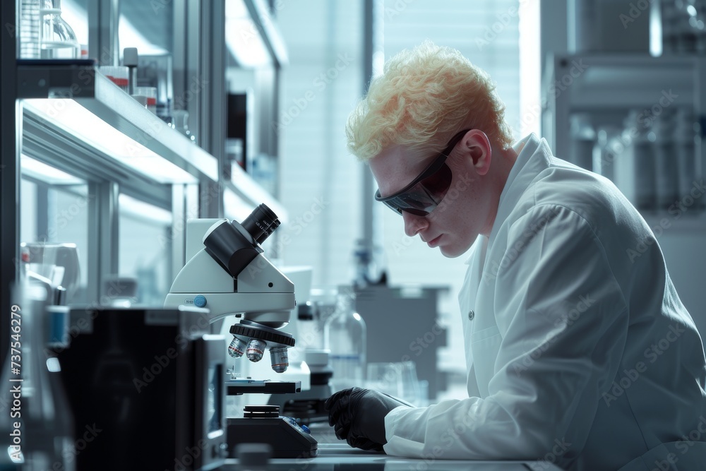 Focused albino scientist examining samples through a microscope, highlighting diversity in the lab. Focused albino scientist examining samples through a microscope, highlighting diversity in the lab.
