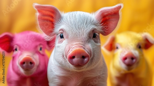 three little pigs standing next to each other in front of a yellow and orange background with one pig looking at the camera and one pig looking at the camera.