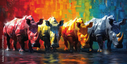 Murais de parede a group of three rhinos standing next to each other in front of a multicolored wall of bricks