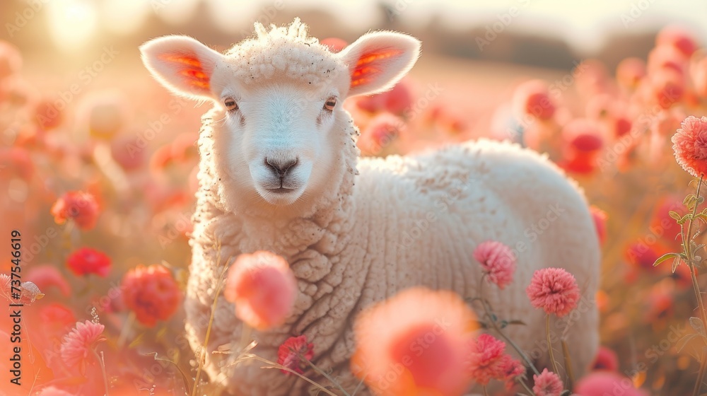 a close up of a sheep in a field of flowers with the sun shining on the sheep's face. a close up of a sheep in a field of flowers with the sun shining on the sheep's face.