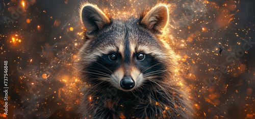 a close up of a raccoon's face in front of a blurry background of fire and sparks.
