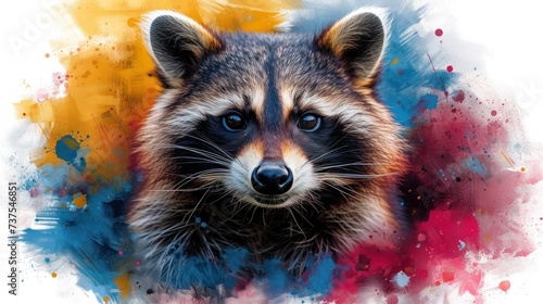 a close up of a raccoon's face with watercolor paint splatters in the background. © Shanti