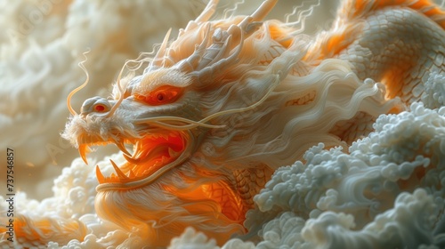 a close up of a dragon with orange eyes and a white body of water in front of a cloudy sky.