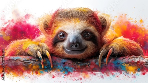 a close up of a sloth laying on a branch with paint splattered on it's face. photo