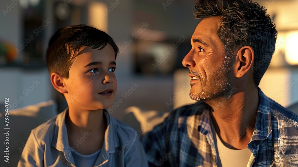 dad and son looking intently at each other, interaction between an adult man and a little boy