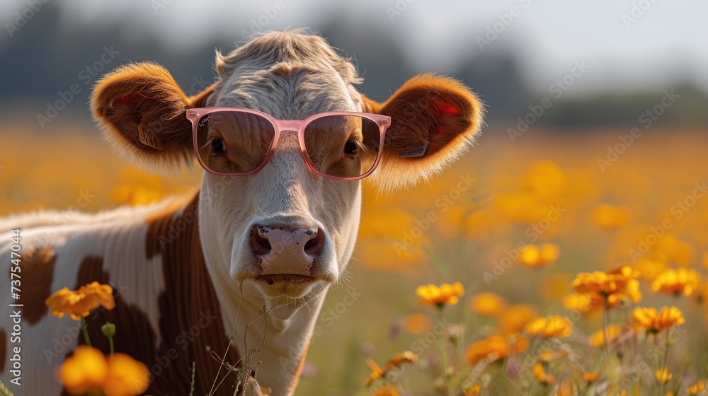 a brown and white cow wearing pink glasses in a field of yellow flowers with a blurry sky in the background.