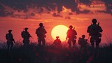 the silhouettes of the soldiers are clear and recognizable against the background of the sunset sky.