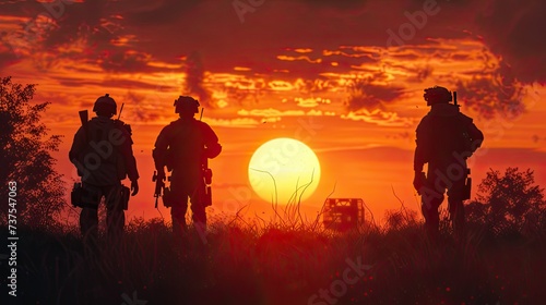 the silhouettes of the soldiers are clear and recognizable against the background of the sunset sky.