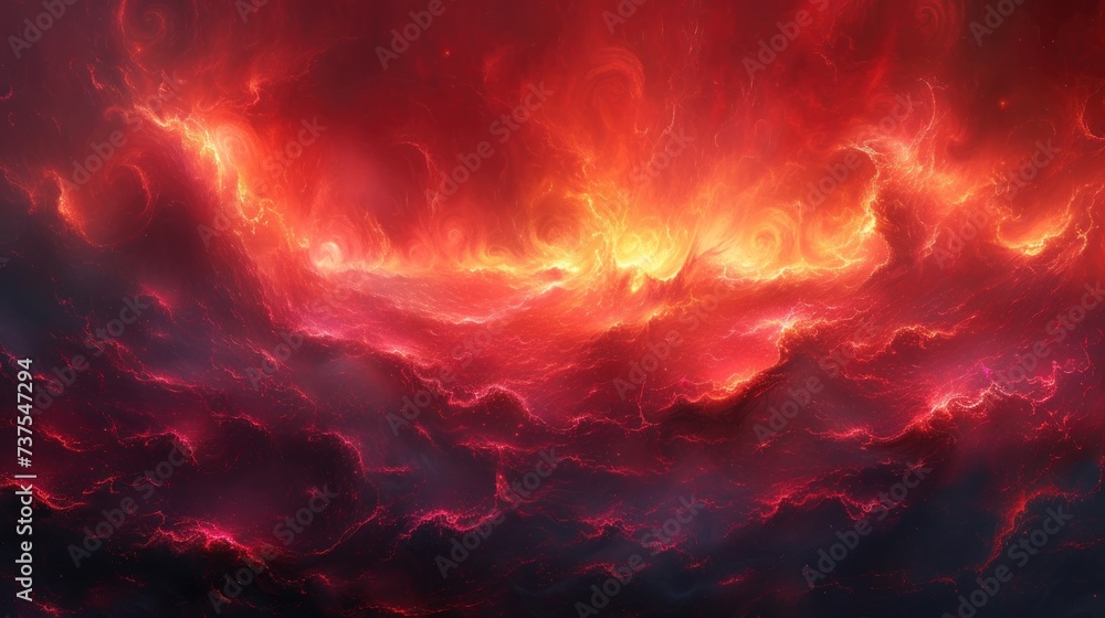 a painting of red and orange clouds in the sky with a bright orange and red cloud in the middle of the picture.