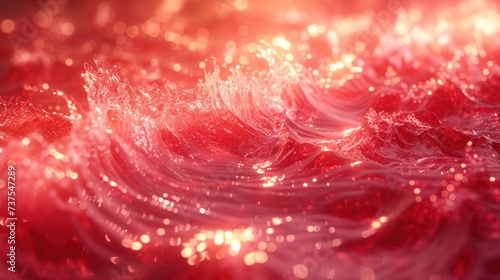 a close up of a red and white background with a wave of water in the middle of the image and the light reflecting off of the water.
