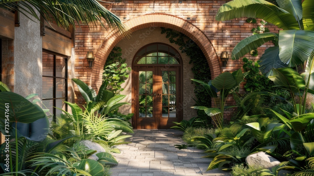 Fototapeta premium arch and brick wall of a house surrounded by greenery and various plants. These elements create a sense of place and contribute to the overall aesthetic.