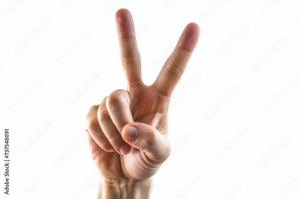 Close up of hand displaying victory and peace sign isolated on white Close up of hand displaying victory and peace sign isolated on white