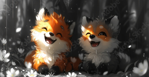 a couple of foxes sitting next to each other on top of a field of flowers with rain falling down on them.