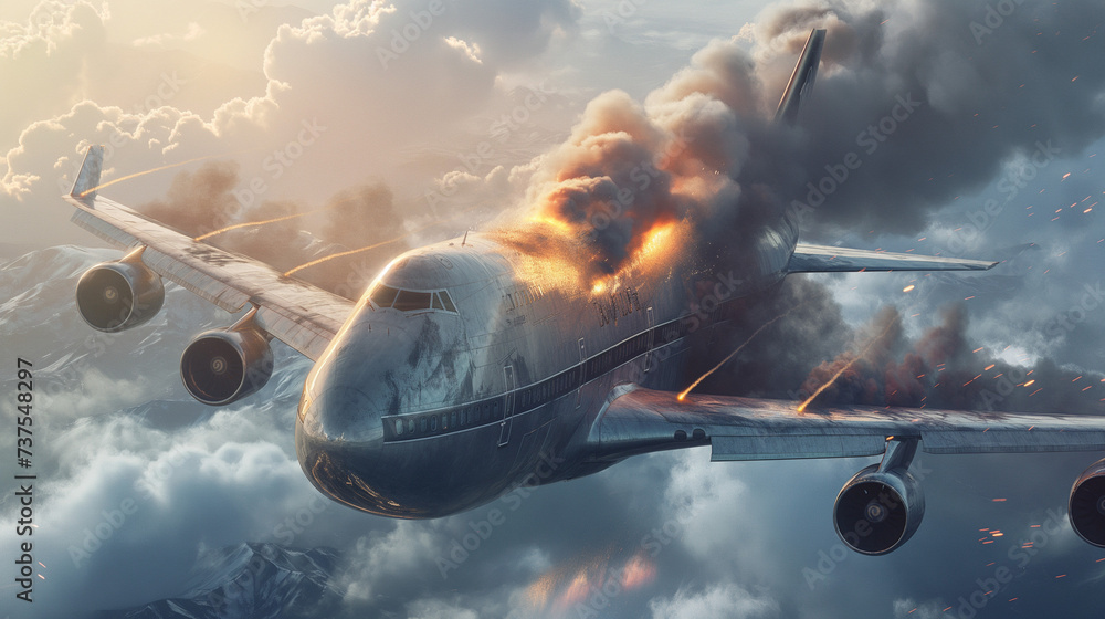 Falling and burning passenger plane in the sky at high altitude - obrazy, fototapety, plakaty 