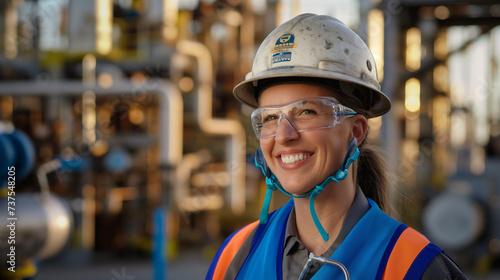 Portrait of an oil refinery engineer. Dressed in a construction helmet and a blue vest © GeorgeAI