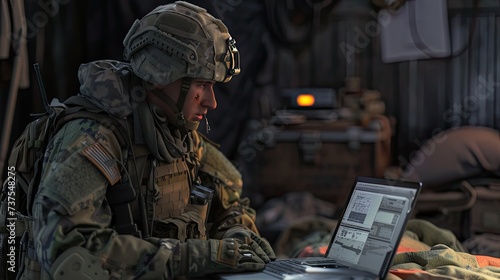The soldier is equipped with precision military equipment. Authentic props such as laptop computer, radio and tactical gear to convey realism.