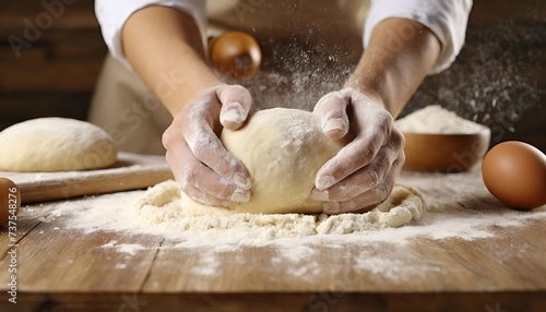 Generated image of someone is rolling dough in flour on a wooden table 