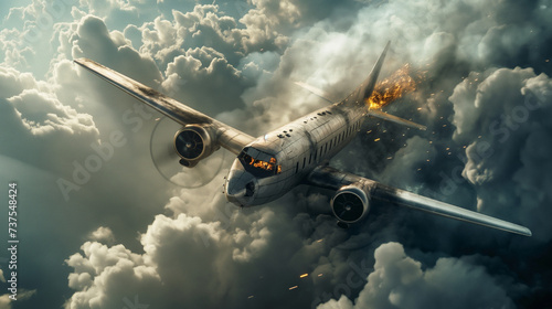 Falling and burning passenger plane in the sky at high altitude