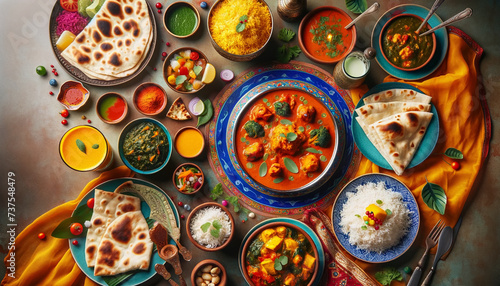 Professional top-down view of a colorful Indian feast  featuring chicken tikka masala  saag paneer  biryani  naan bread  and mango lassi  presented on a festive table with traditional decorations