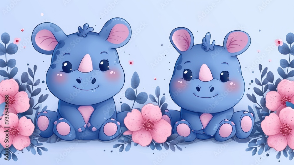 a couple of blue elephants sitting next to each other on top of a field of flowers on a blue background. a couple of blue elephants sitting next to each other on top of a field of flowers on a blue background.