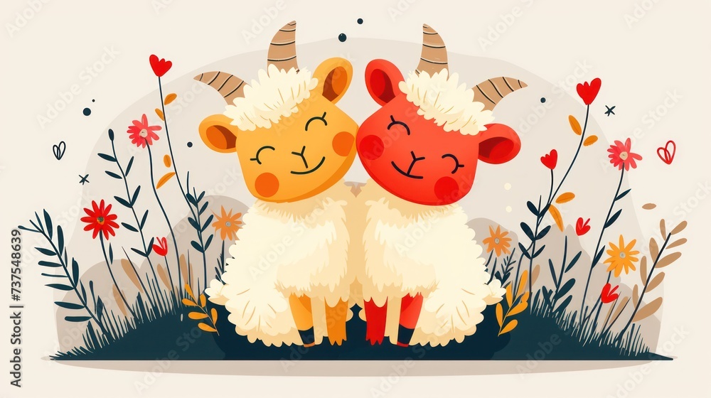 a couple of llamas standing next to each other in a field with flowers and hearts on their faces. a couple of llamas standing next to each other in a field with flowers and hearts on their faces.