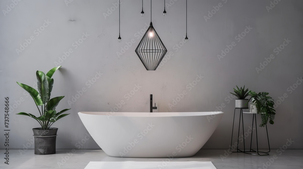 Sleek White Bathtub in Minimalist Bathroom with Pendant Light Fixture AI Generated. - obrazy, fototapety, plakaty 