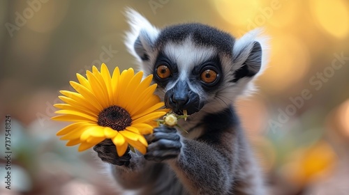 a close up of a small animal with a flower in it's hand and a blurry background behind it.