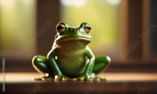 A green frog with striking orange eyes and black pupils. The frog is sitting on a surface, its body is bright green and its underbelly is pale. 