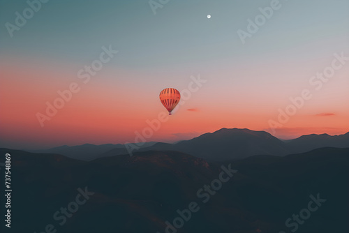Colorful hot air balloon flying early in the morning over the mountain. Scenic sunrise or sunset view. Spring or summer landscape. Travel and vacation concept © ratatosk