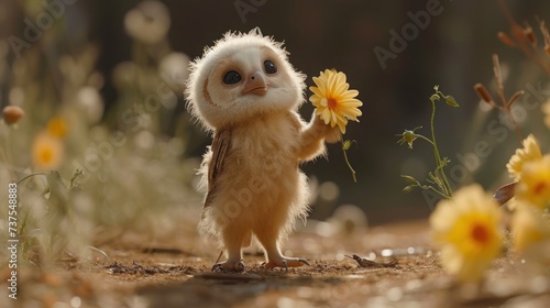 a small owl standing on its hind legs and holding a flower in it's hand and looking at the camera.