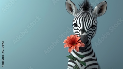 a close up of a zebra with a flower in it s mouth and another zebra in the background with a blue sky in the background.