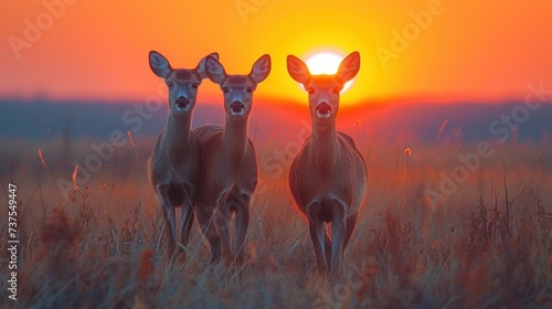 a couple of deer standing next to each other on a grass covered field in front of a bright orange sun.