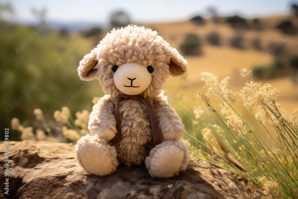 A beige plush sheep toy sitting on the ground on a yellow field nature background. Can be used for kids storytelling and eco friendly toys. A beige plush sheep toy sitting on the ground on a yellow field nature background. Can be used for kids storytelling and eco friendly toys.